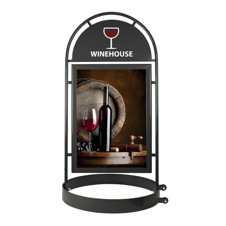 Stoepbord Round Tube Grey A1 Deluxe vooraanzicht met poster