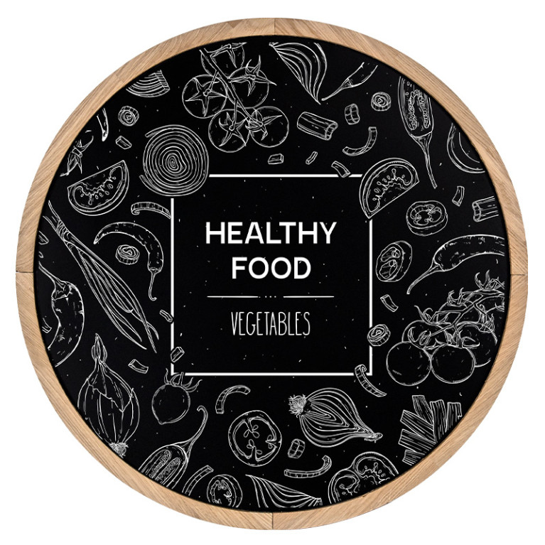Krijtbord Rond 40 cm Ongelakt Eiken – Vooraanzicht met healty food krijttekening