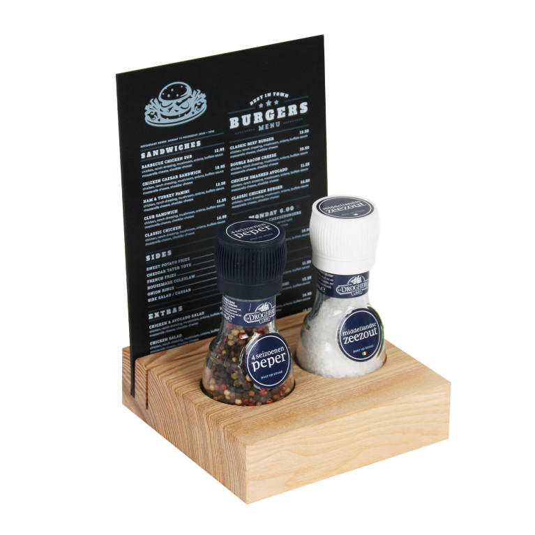 Menukaarthouder BLOC Essen 15x15 cm twee groeven - La Drogeria peper en zout stel